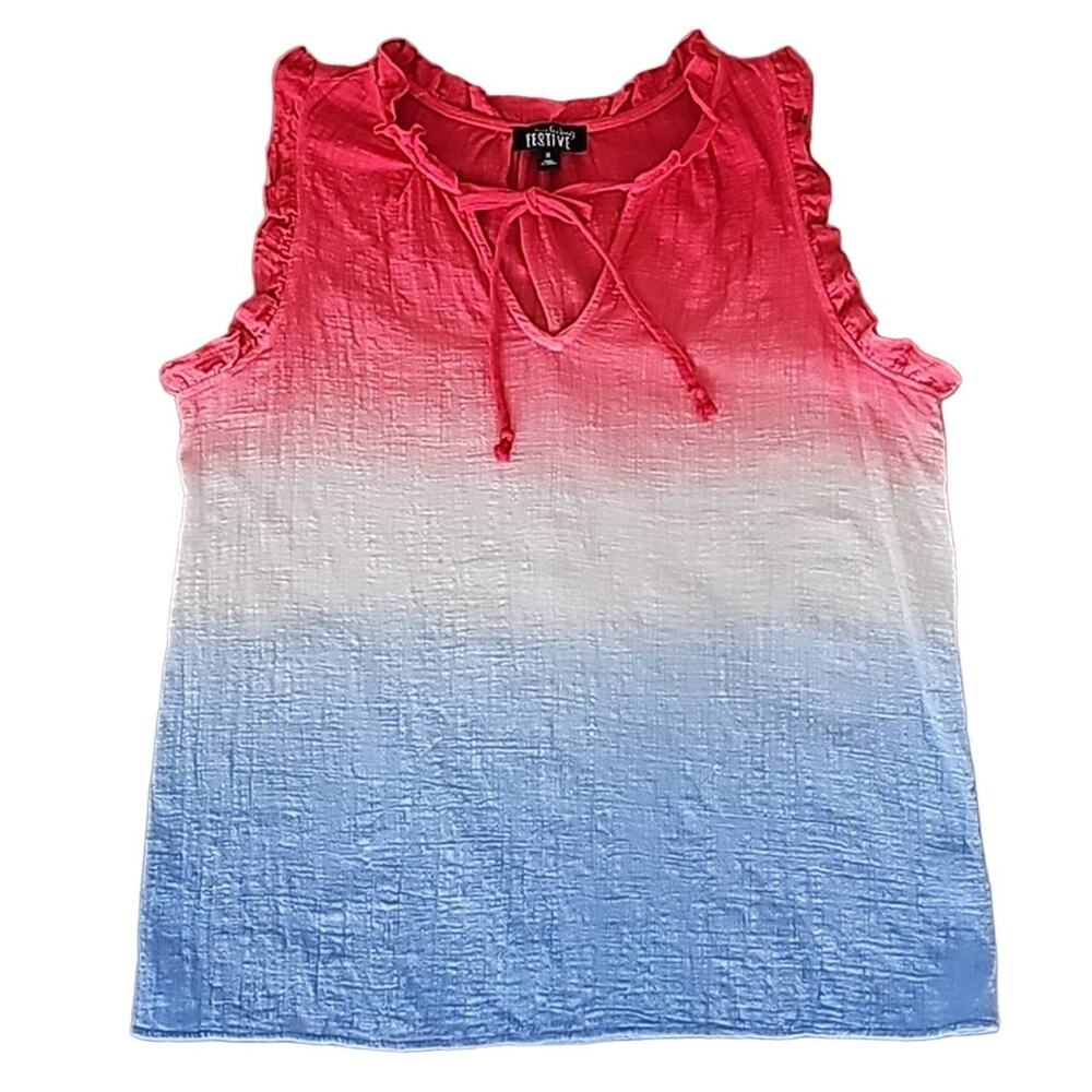 Feeling Festive Red White and Blue Gauzy Tunic Top Ruffles w/Tie Womens Size M